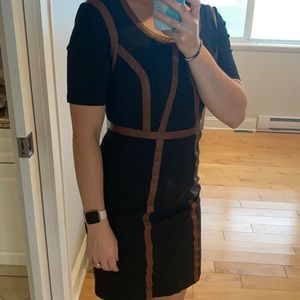 Nue by Shani very well made midi style charcoal dress with leather detail